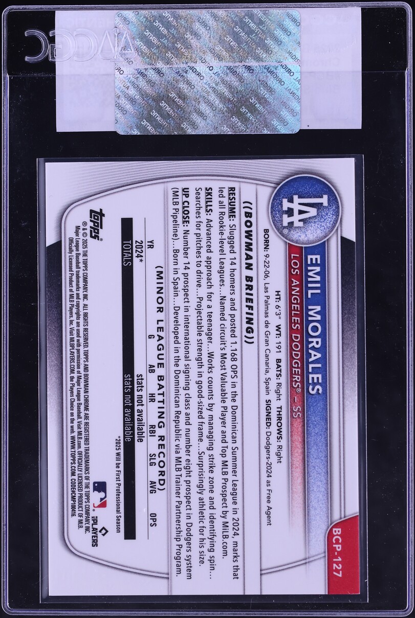 2025 Bowman Chrome Blue Shimmer Refractor Emil Morales PROSPECT /150 #BCP-127 CGC AUTH