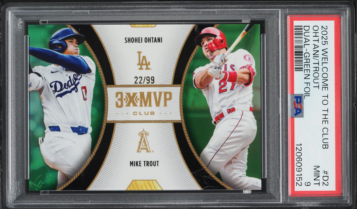2025 Topps Welcome To The Club 3x MVP Dual Green Foil Ohtani Trout /99 #D2 PSA 9 MINT
