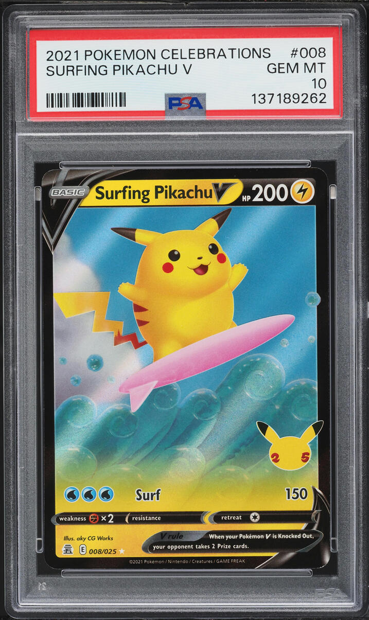 2021 Pokemon Sword & Shield Celebrations Holo Surfing Pikachu V #8 PSA 10 GEM MINT
