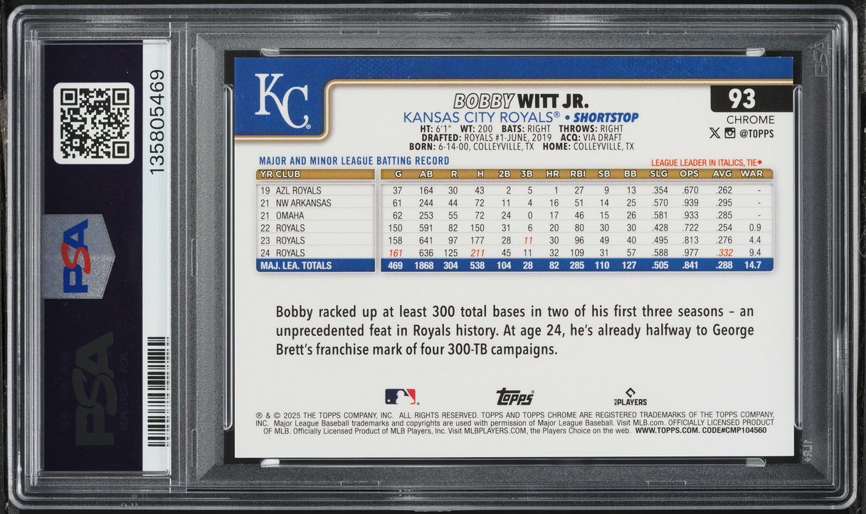 2025 Topps Chrome Variation Green Speckle Bobby Witt Jr. /99 #93 PSA 9 MINT