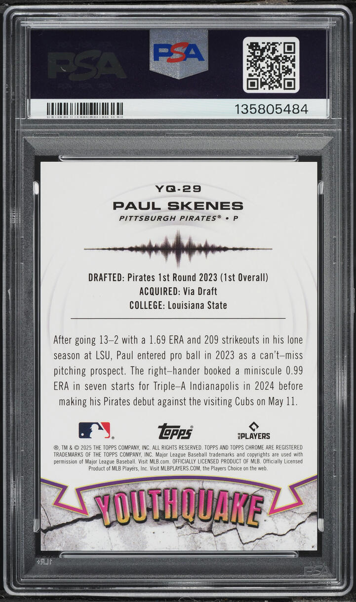 2025 Topps Chrome Youthquake Orange Refractor Paul Skenes /25 #YQ29 PSA 9 MINT