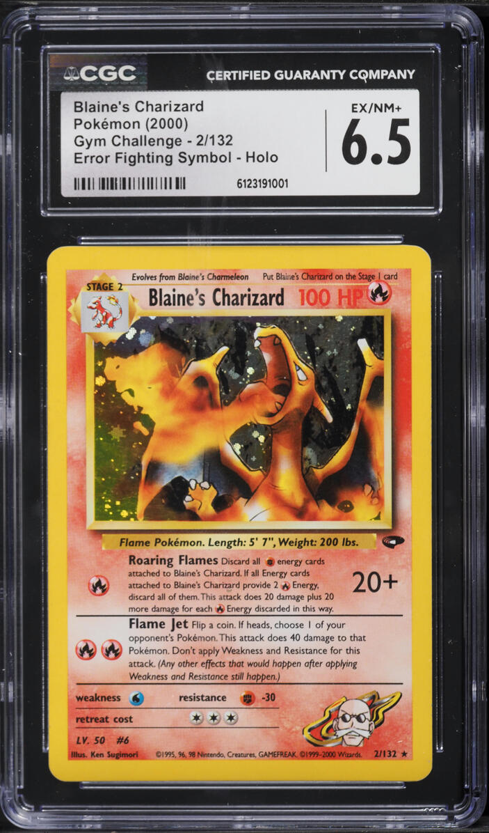 2000 Pokemon Gym Challenge Error Fighting Symbol Holo Blaine's Charizard #2 CGC 6.5 EXMT+