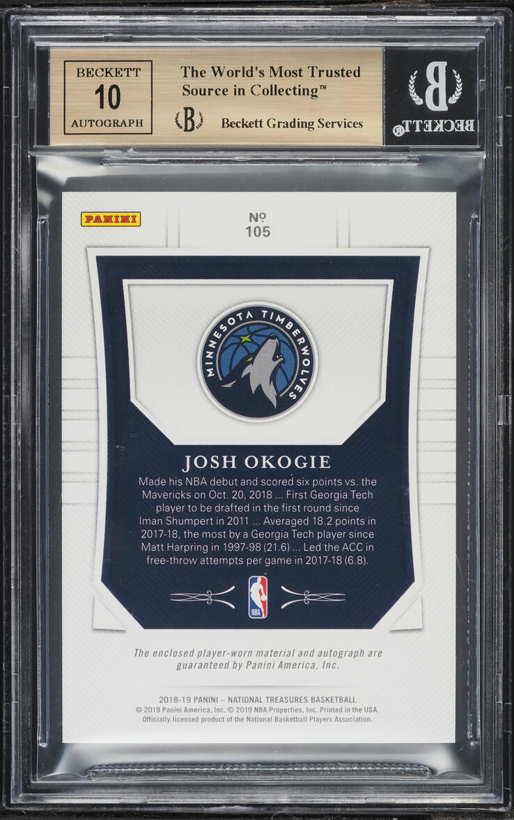 2018 National Treasures Josh Okogie ROOKIE PATCH AUTO /99 #105 BGS 9.5 GEM MINT