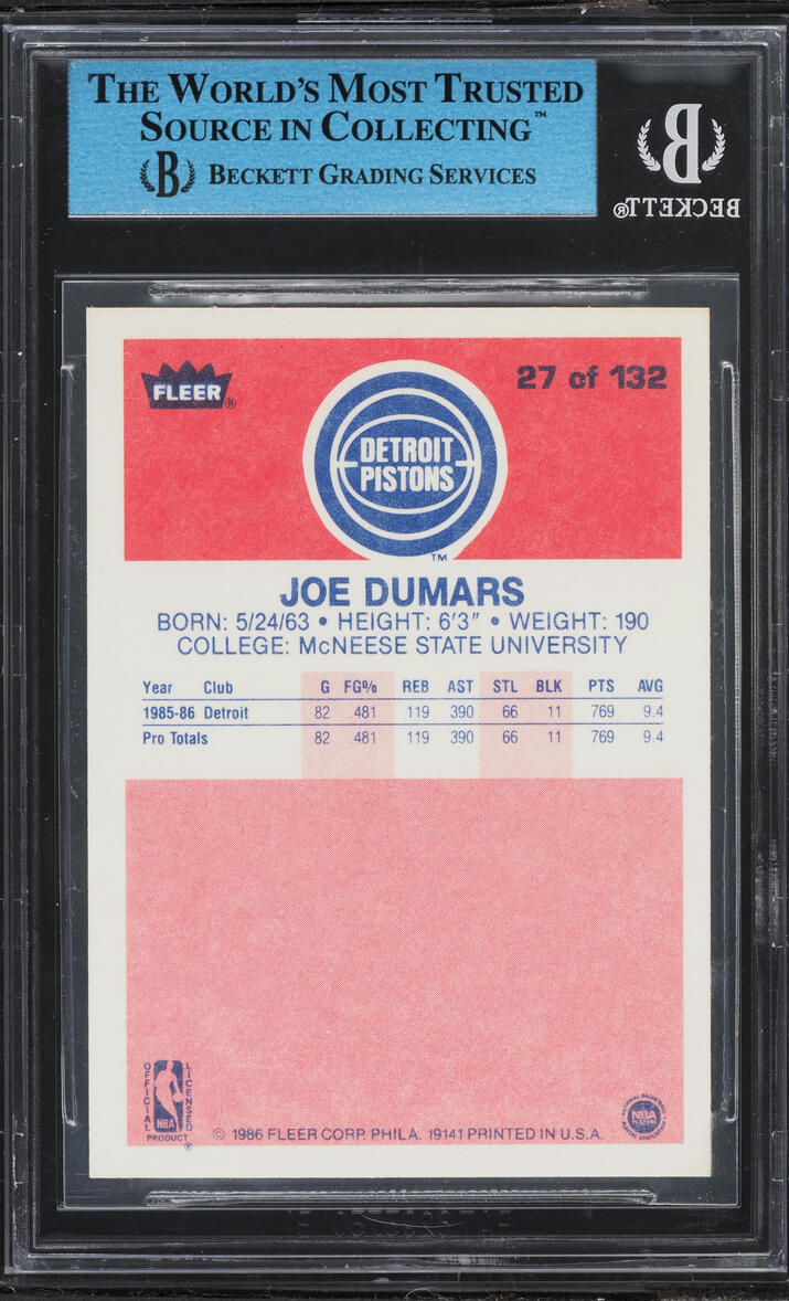 1986 Fleer Basketball Joe Dumars ROOKIE #27 BGS ALTERED AUTH