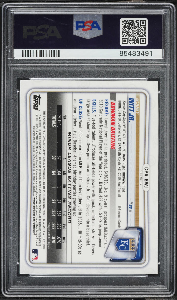2020 Bowman Chrome Refractor Bobby Witt Jr. PROSPECT AUTO /499 #CPABWJ PSA 9 MINT