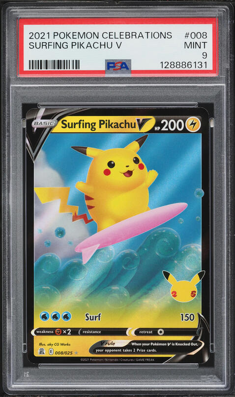 how much is a surfing pikachu pokemon card worth 2021 Pokemon SWSH Celebrations Holo Error Surfing Pikachu V #8 CGC 9 Mint  on Fanatics Collect