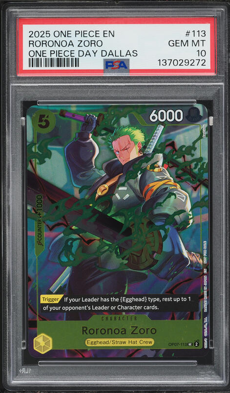 2025 One Piece Promos Day Dallas Roronoa Zoro #OP07-113 PSA 10 GEM