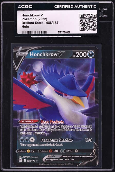 2022 Pokemon Sword & Shield Brilliant Stars Holo Honchkrow V #88 CGC AUTH
