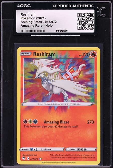 2021 Pokemon Sword & Shield Shining Fates Amazing Rare Reshiram #17 CGC AUTH