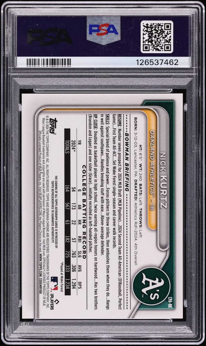 2024 Bowman Chrome Draft Nick Kurtz PROSPECT AUTO #CPA-NK PSA 10 GEM MINT