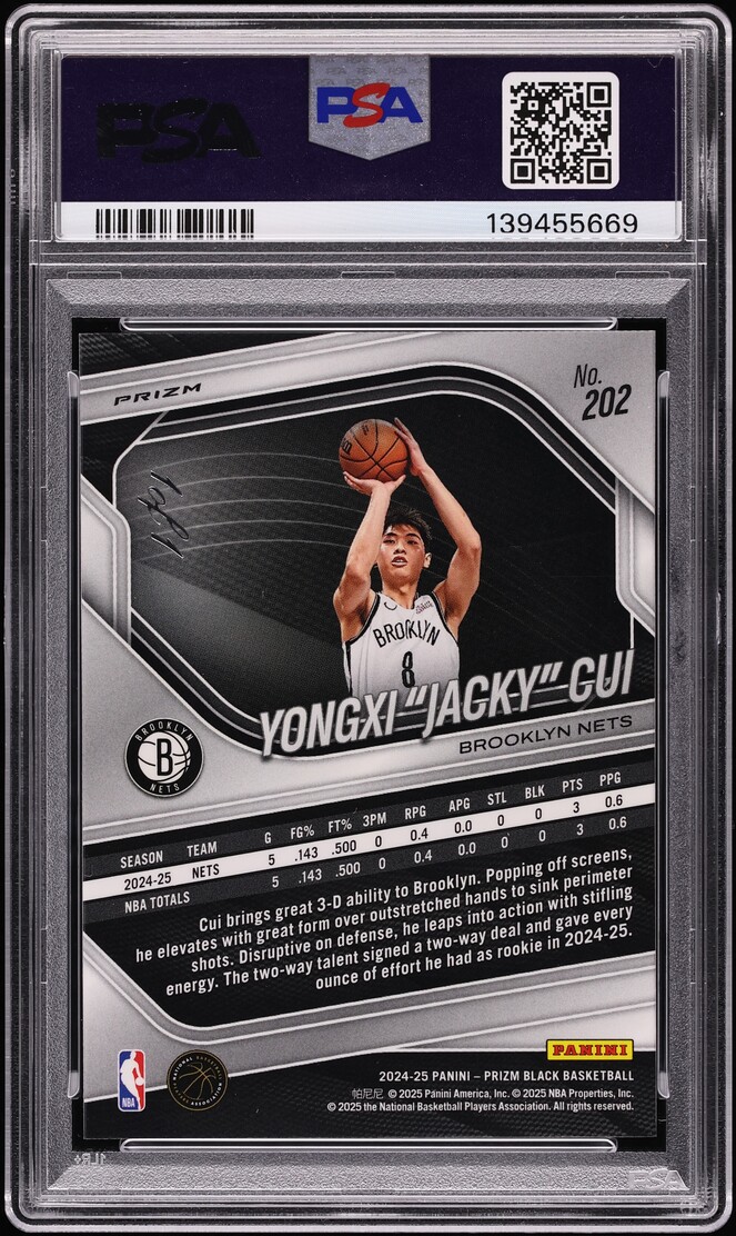 2024 Panini Prizm Black Finite Yongxi "Jacky" Cui ROOKIE 1/1 #202 PSA 9 MINT