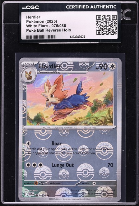 2025 Pokemon Scarlet & Violet White Flare Poké Ball Reverse Holo Herdier #075 CGC AUTH