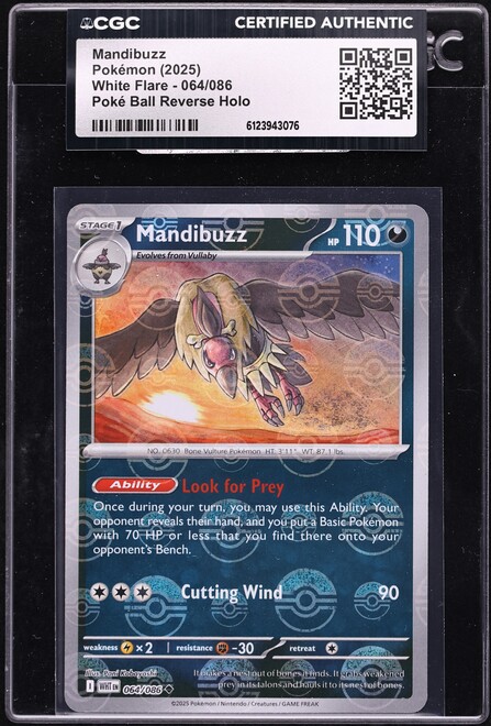 2025 Pokemon Scarlet & Violet White Flare Poke Ball Reverse Holo Mandibuzz #64 CGC AUTH