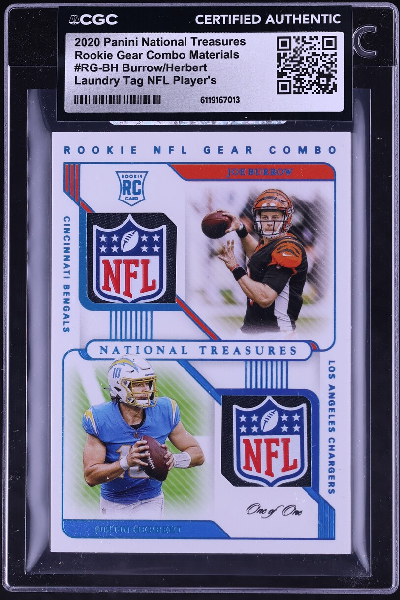 2020 National Treasures Gear Combo Joe Burrow Justin Herbert ROOKIE TAG PATCH 1/1 CGC AUTH
