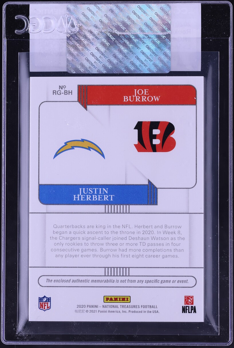 2020 National Treasures Gear Combo Joe Burrow Justin Herbert ROOKIE TAG PATCH 1/1 CGC AUTH