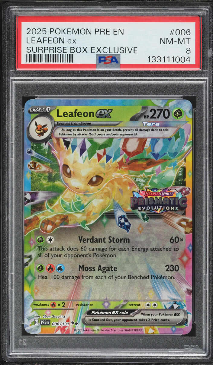 2025 Pokemon SV Prismatic Evolutions Surprise Box Exclusive Leafeon EX #6 PSA 8 NM-MT