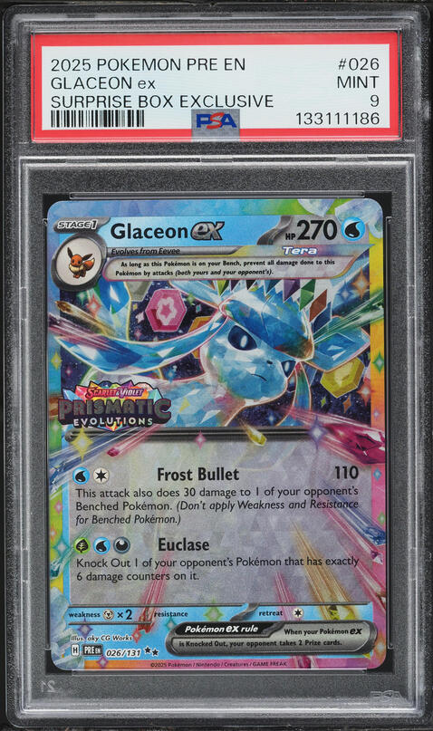 2025 Pokemon SV Prismatic Evolutions Surprise Box Holo Glaceon EX #26 PSA 9 MINT
