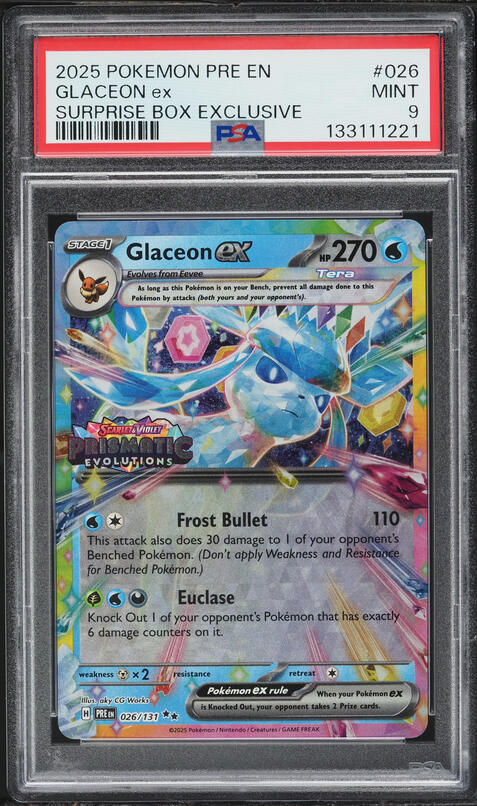 2025 Pokemon SV Prismatic Evolutions Surprise Box Holo Glaceon EX #26 PSA 9 MINT