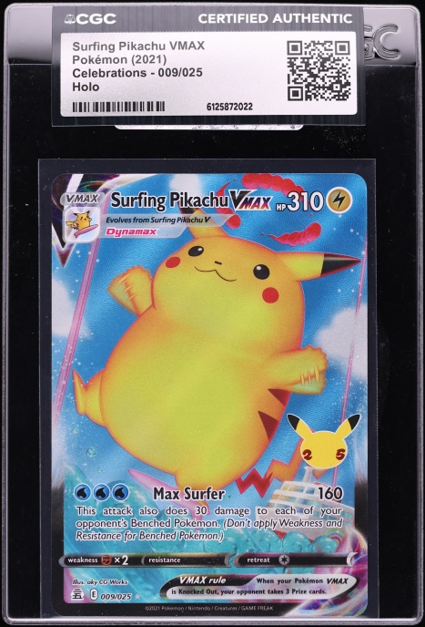 how rare is the surfing pikachu card 2021 Pokemon Sword & Shield Celebrations VMAX #9 CGC 8.5 NM-MT+ on Fanatics Collect style setup or your main portfolio Pokémon-Surfing Pikachu V-Basic 2021 V