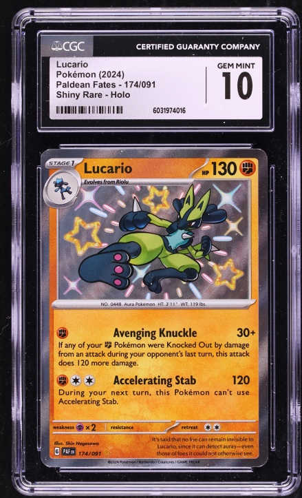 2024 Pokemon Scarlet & Violet Paldean Fates Shiny Rare Lucario #174 CGC 10 GEM MINT