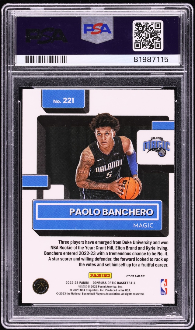 2022 Donruss Optic Holo Paolo Banchero ROOKIE #221 PSA 10 GEM MINT