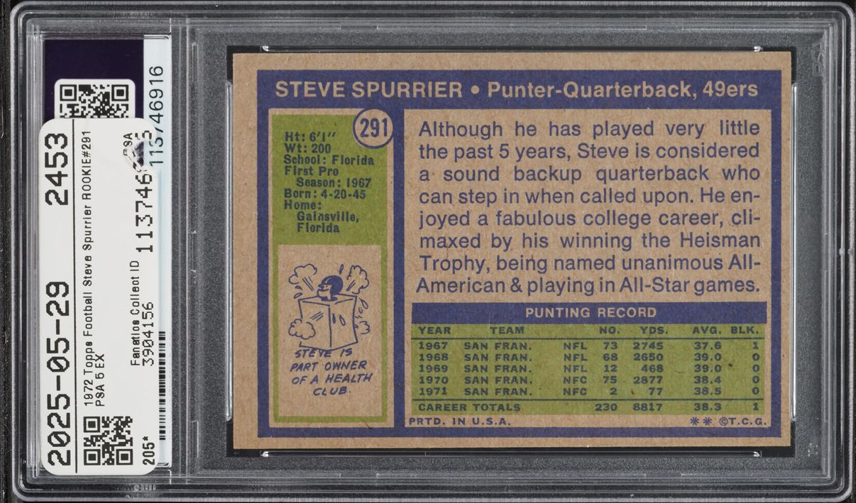 1972 Topps Football Steve Spurrier ROOKIE #291 PSA 5 EX