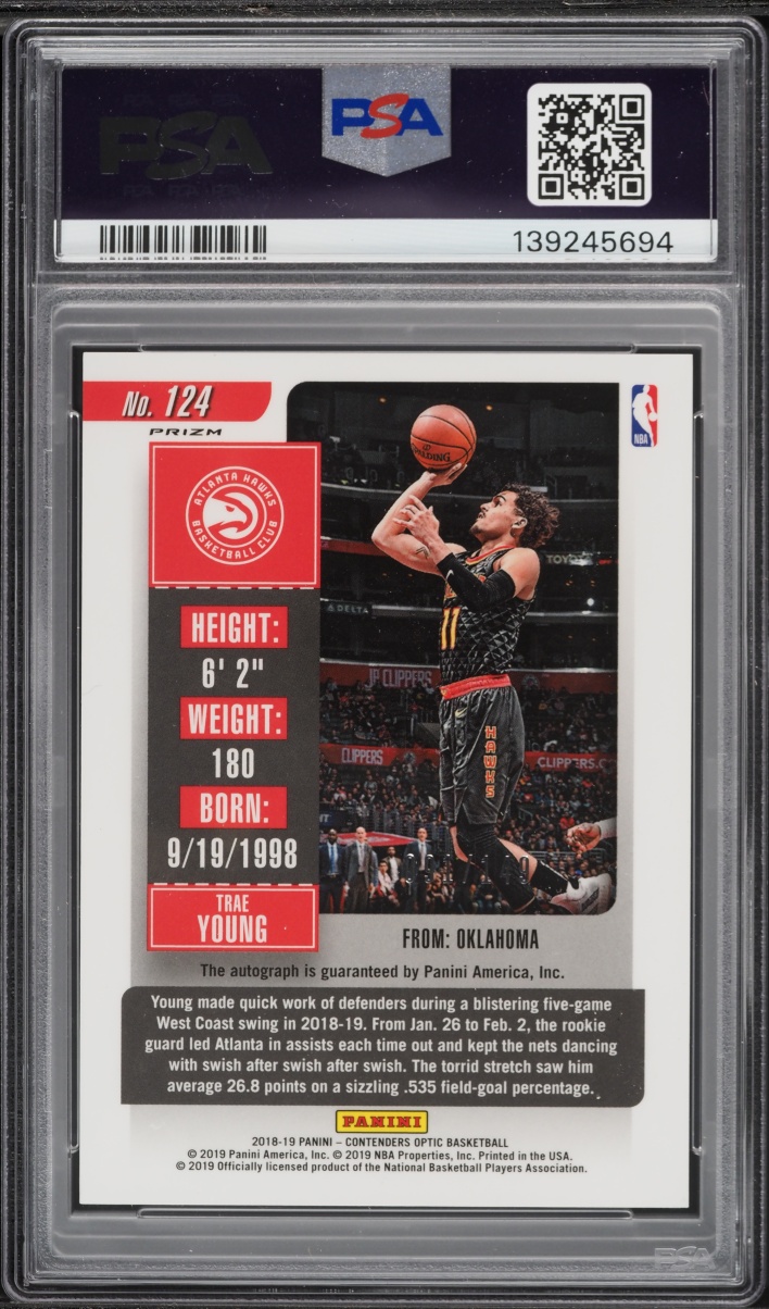2018 Panini Contenders Optic Red Trae Young ROOKIE AUTO /149 #124 PSA 9 MINT