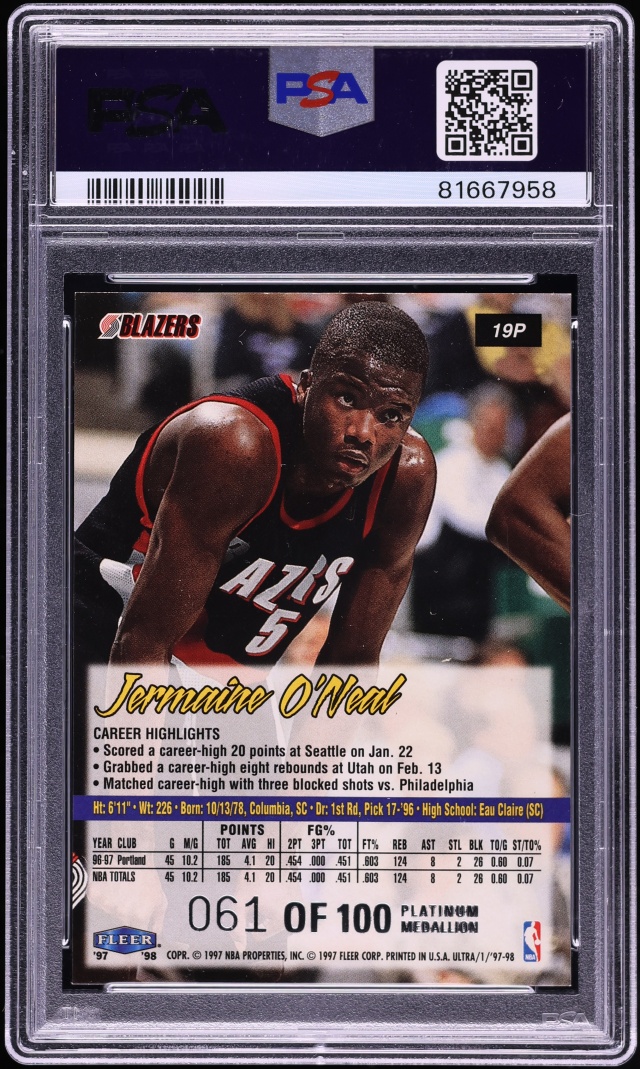 1997 Ultra Platinum Medallion Jermaine O'Neal /100 #19P PSA 7 NRMT