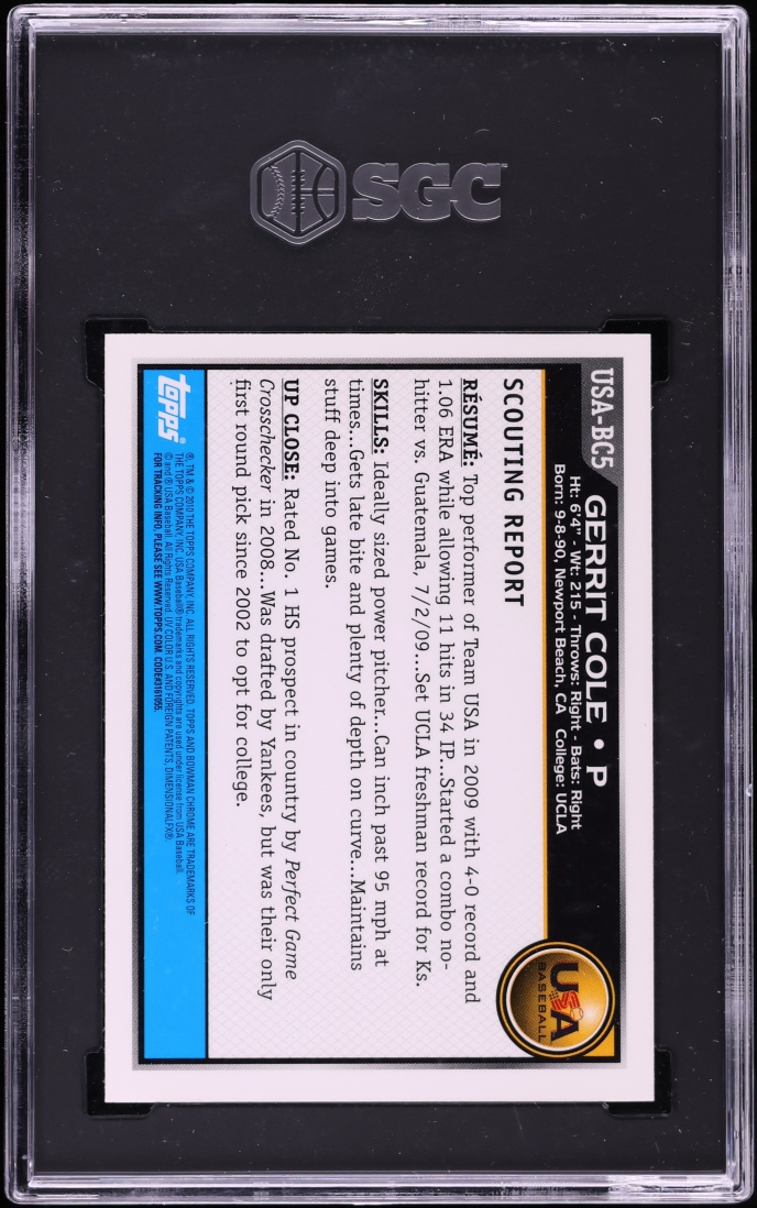 2010 Bowman Chrome USA Baseball Gerrit Cole PROSPECT #USA-BC5 SGC 10 GEM MINT