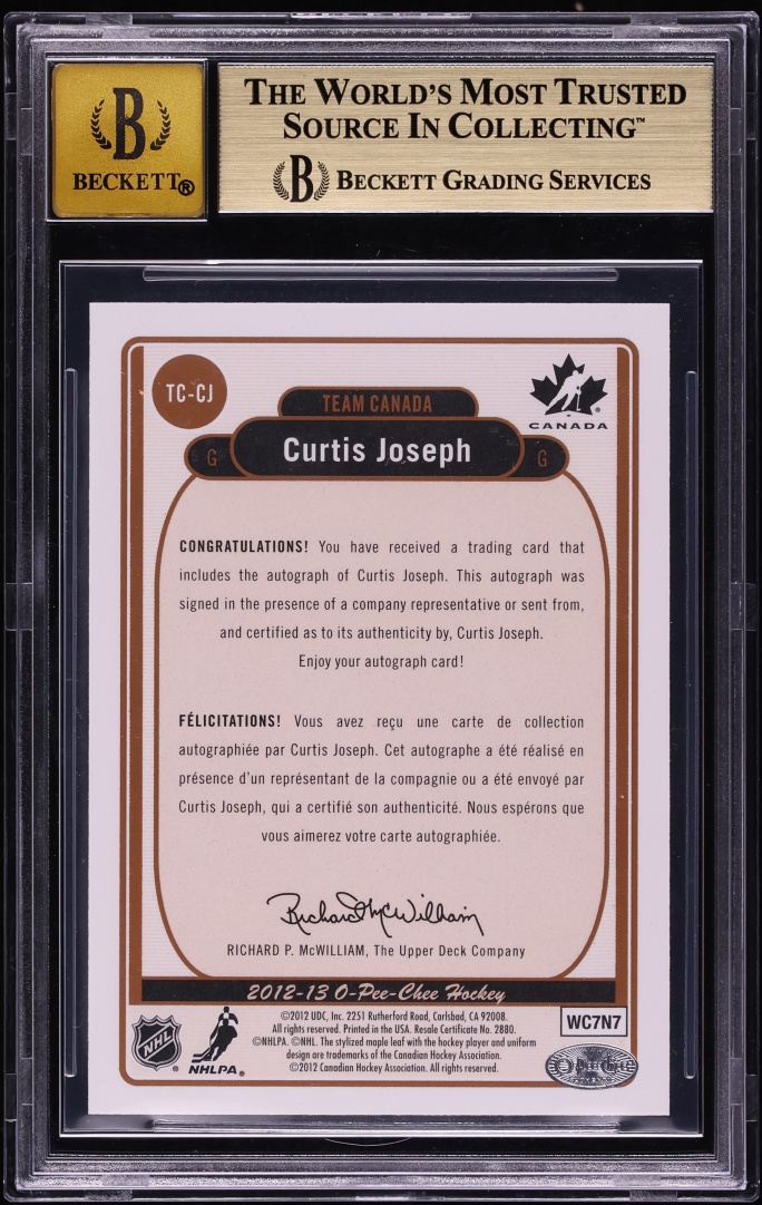 2012 O-Pee-Chee Team Canada Signatures Curtis Joseph AUTO #TC-CJ BGS 9.5 GEM MINT