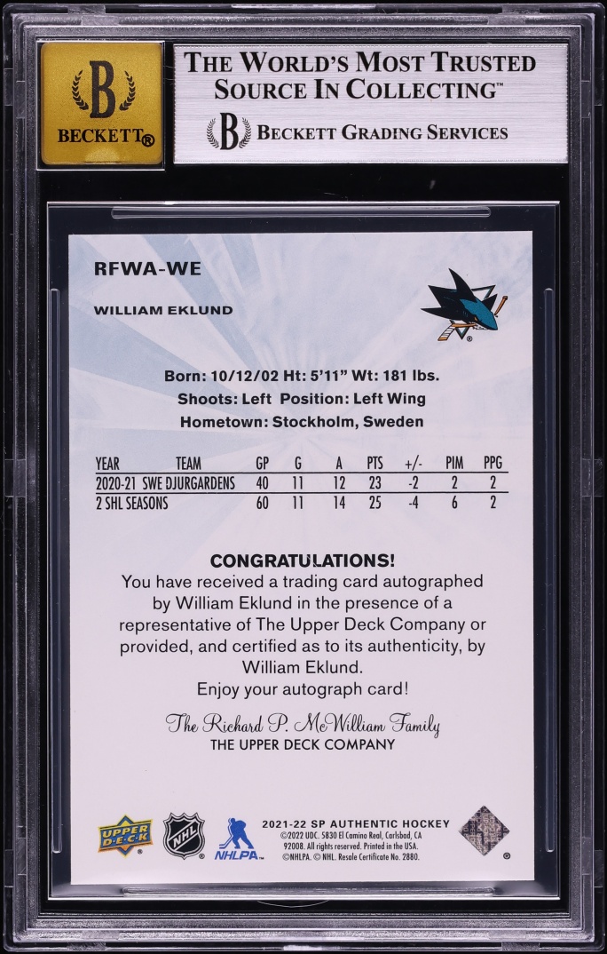 2021 SP Authentic '11 Retro Future Watch William Eklund ROOKIE AUTO /99 #RFWA-WE BGS 9 MINT