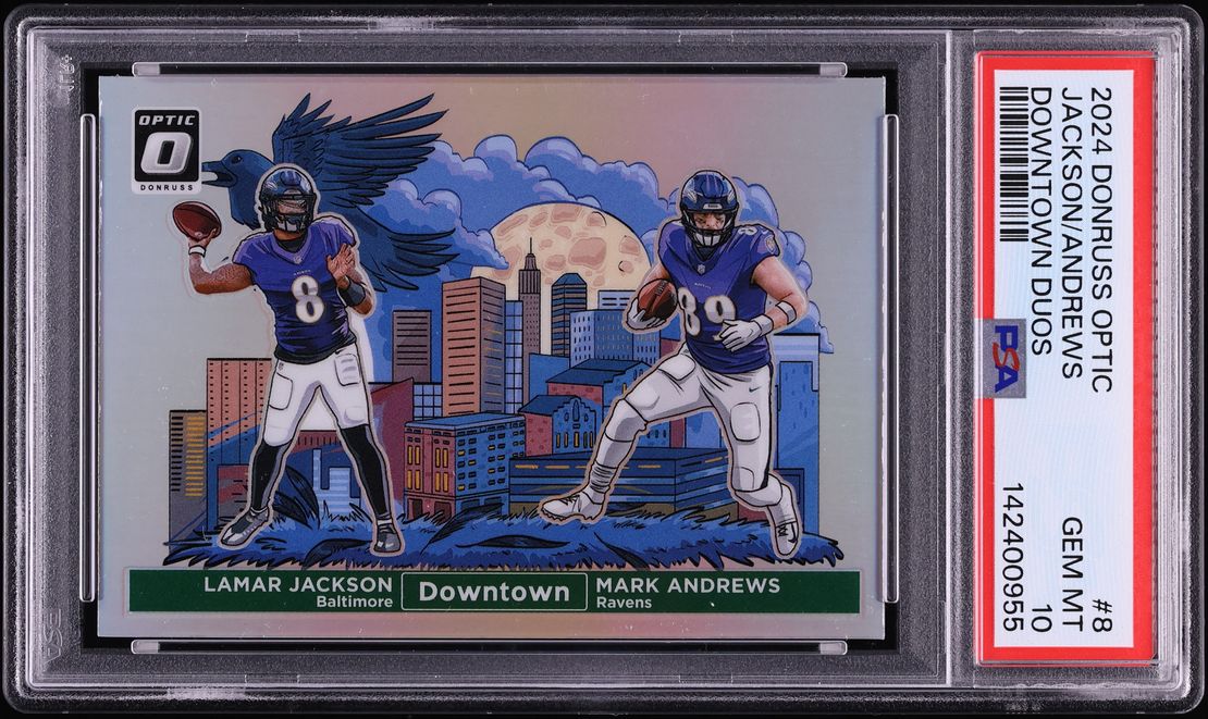 2024 Donruss Optic Downtown Duo Prizm Lamar Jackson & Mark Andrews #8 PSA 10 GEM MINT