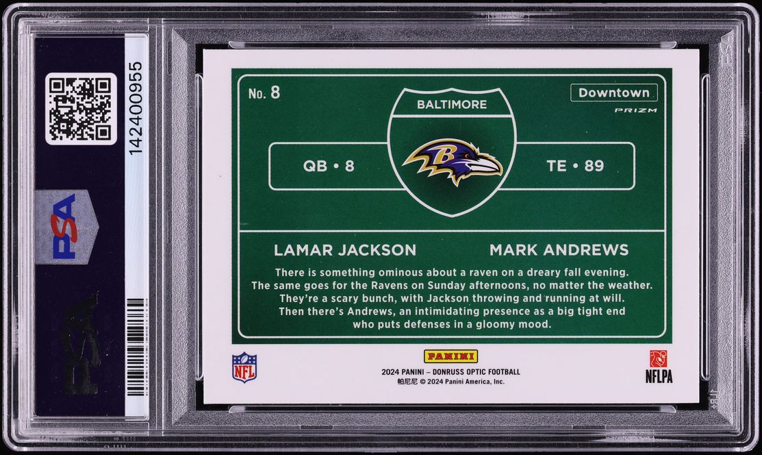 2024 Donruss Optic Downtown Duo Prizm Lamar Jackson & Mark Andrews #8 PSA 10 GEM MINT