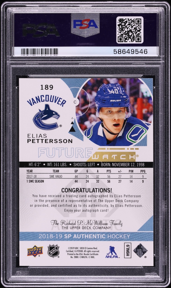 2018 SP Authentic Future Watch Elias Pettersson ROOKIE AUTO DNA 10 /999 #189 PSA 10 GEM MINT