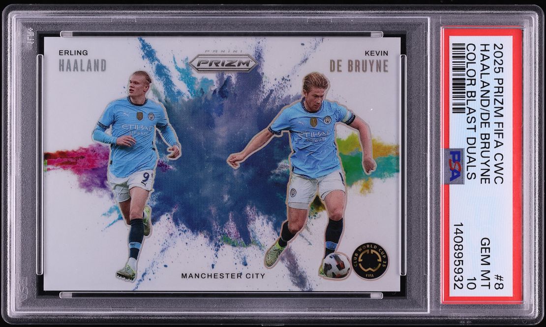 2025 Panini Prizm FIFA CWC Color Blast Duals Erling Haaland Kevin De Bruyne #8 PSA 10 GEM MINT