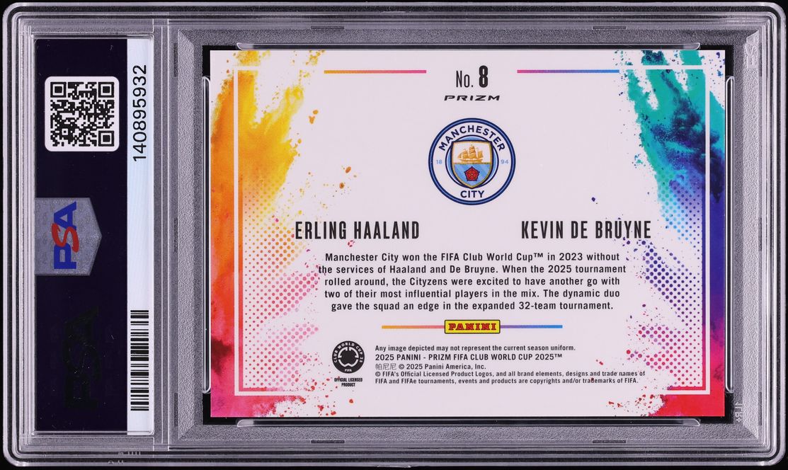 2025 Panini Prizm FIFA CWC Color Blast Duals Erling Haaland Kevin De Bruyne #8 PSA 10 GEM MINT