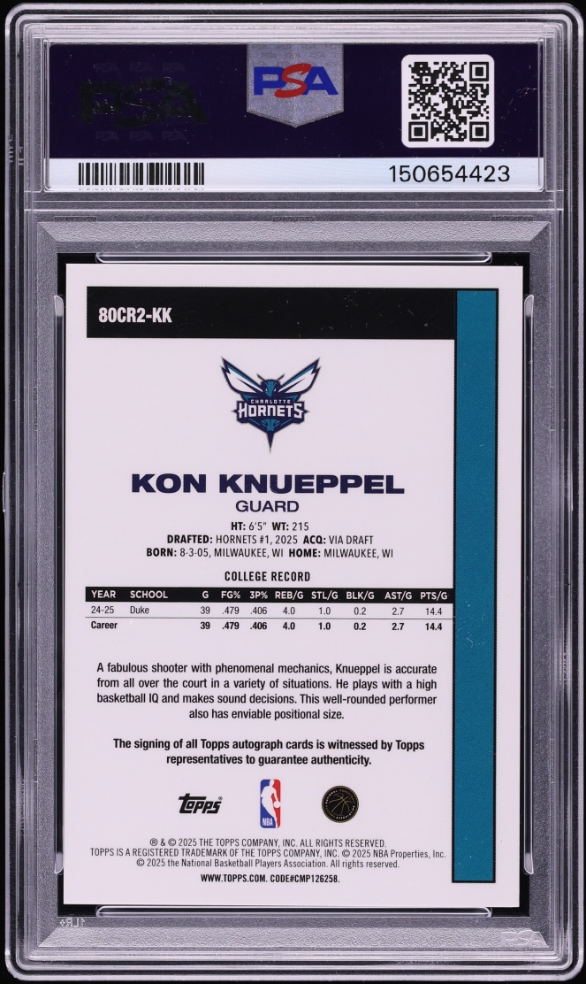 2025 Topps Chrome Silver Pack '80 Red Kon Knueppel ROOKIE AUTO 1/5 #80CR2-KK PSA 10 GEM MINT