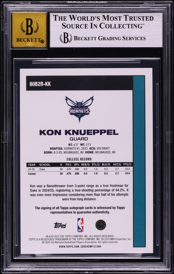 2025 Topps '80 Gold Rainbow Kon Knueppel ROOKIE AUTO JERSEY # 7/50 #80B2R-KK BGS 9 MINT