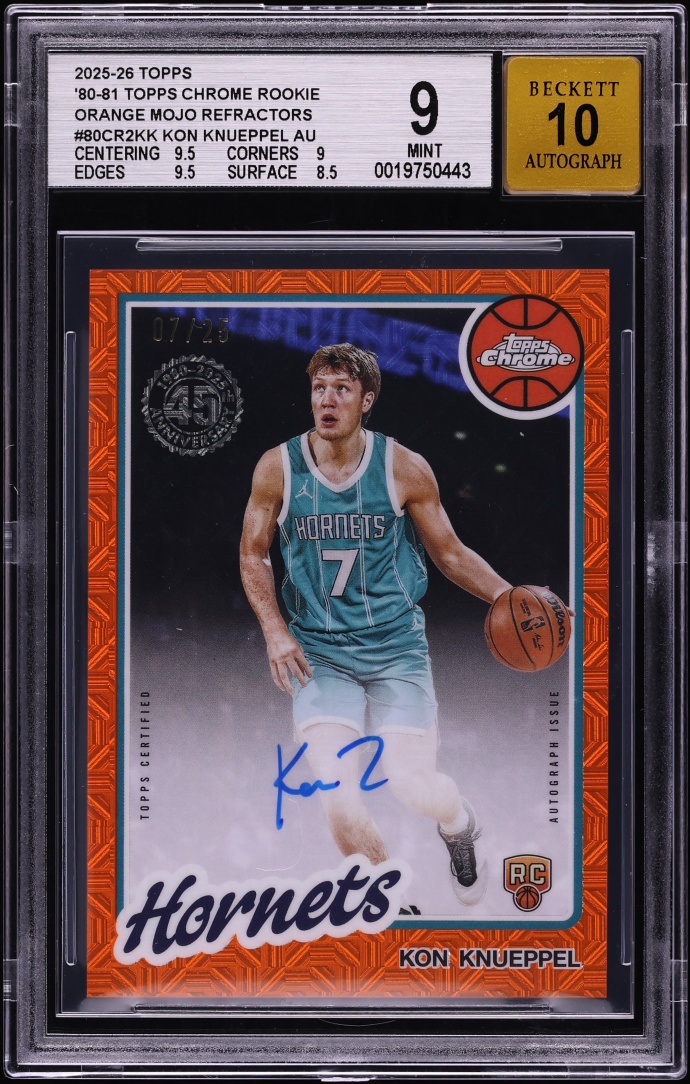 2025 Topps Chrome '80 Orange Mojo Refractor Kon Knueppel ROOKIE AUTO JSY # 7/25 #80CR2-KK BGS 9