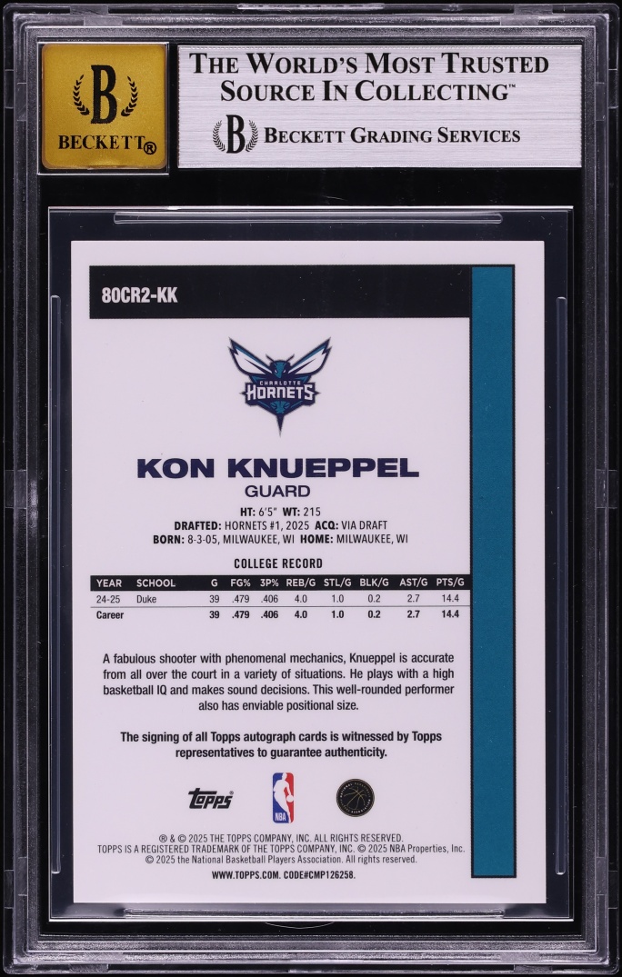 2025 Topps Chrome '80 Orange Mojo Refractor Kon Knueppel ROOKIE AUTO JSY # 7/25 #80CR2-KK BGS 9