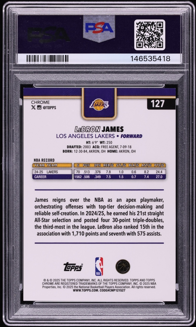 2025 Topps Chrome Orange Refractor LeBron James /25 #127 PSA 8 NM-MT