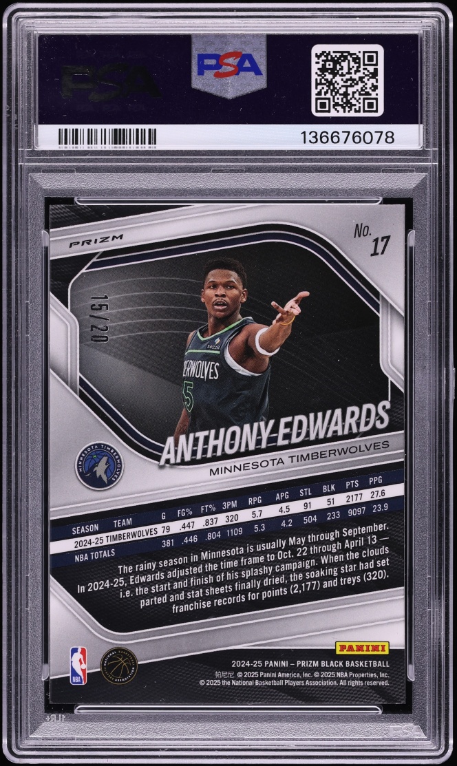2024 Panini Prizm Black Cherry Blossom Anthony Edwards /20 #17 PSA 10 GEM MINT