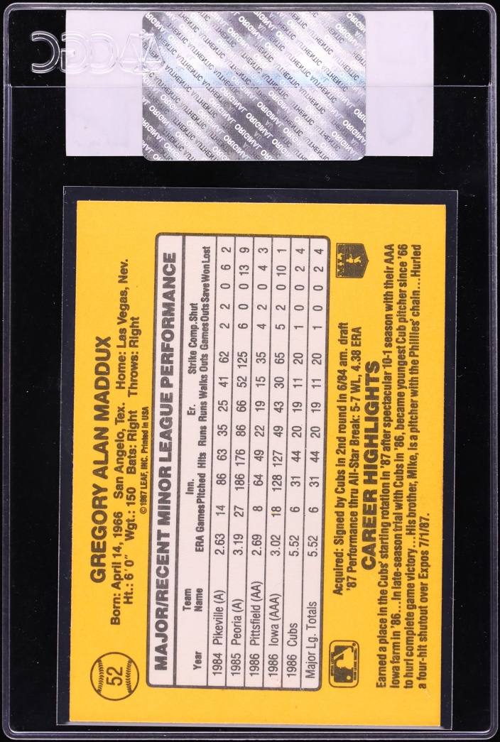 1987 Donruss Greg Maddux ROOKIE #52 CGC AUTH