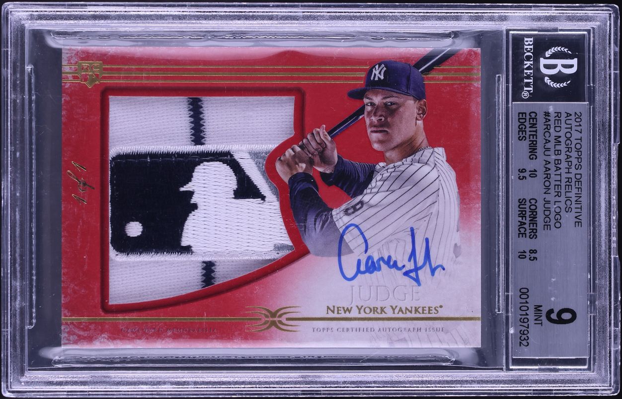 2017 Topps Definitive Collection Red Aaron Judge ROOKIE MLB LOGO PATCH AUTO 1/1 #ARCAJU BGS 9