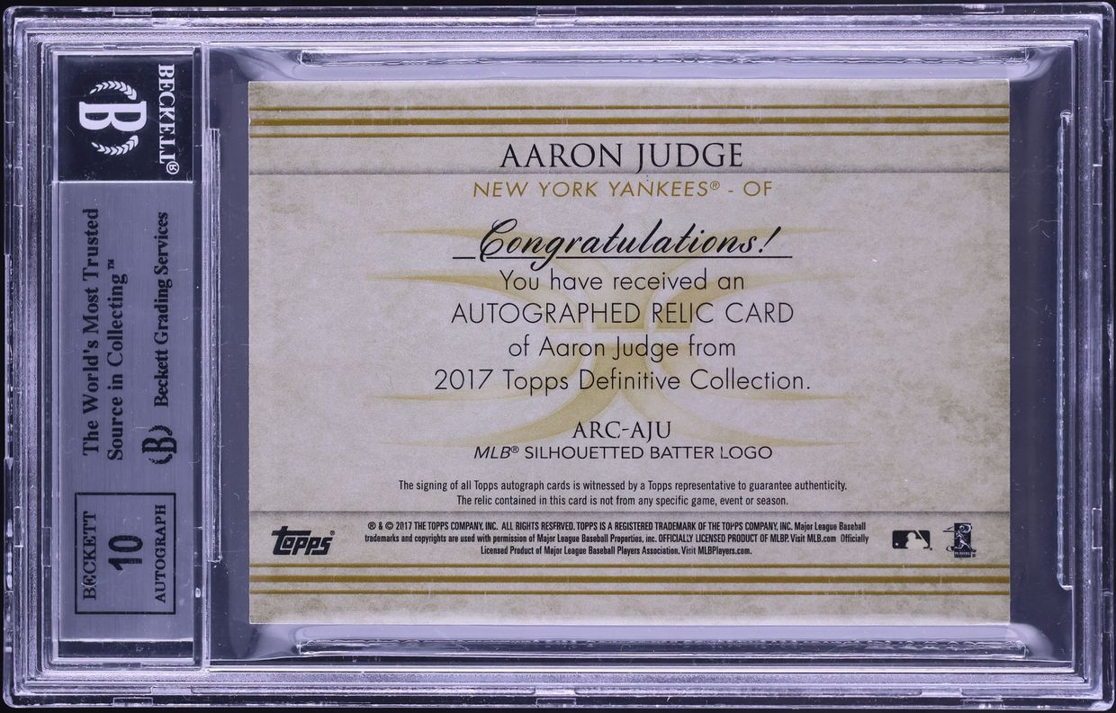 2017 Topps Definitive Collection Red Aaron Judge ROOKIE MLB LOGO PATCH AUTO 1/1 #ARCAJU BGS 9