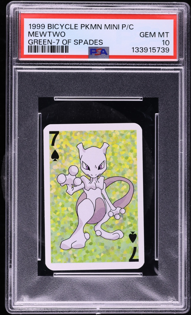 1999 Pokemon Bicycle Mini Playing Cards Green Deck 7 Of Spades Mewtwo PSA 10 GEM MINT