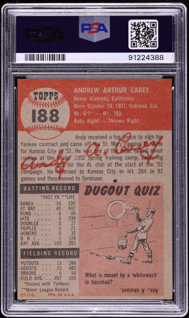 1953 Topps Andy Carey ROOKIE #188 PSA 8(oc) NM-MT