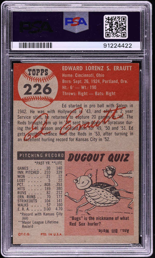 1953 Topps Ed Erautt SHORT PRINT #226 PSA 8 NM-MT