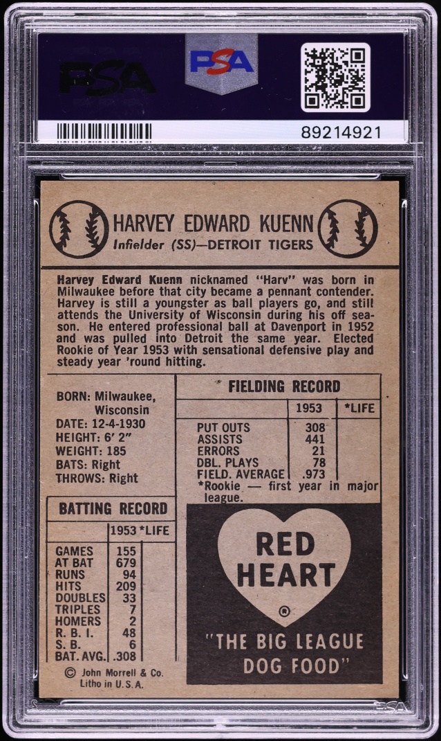1954 Red Heart Harvey Kuenn ROOKIE PSA 7 NRMT