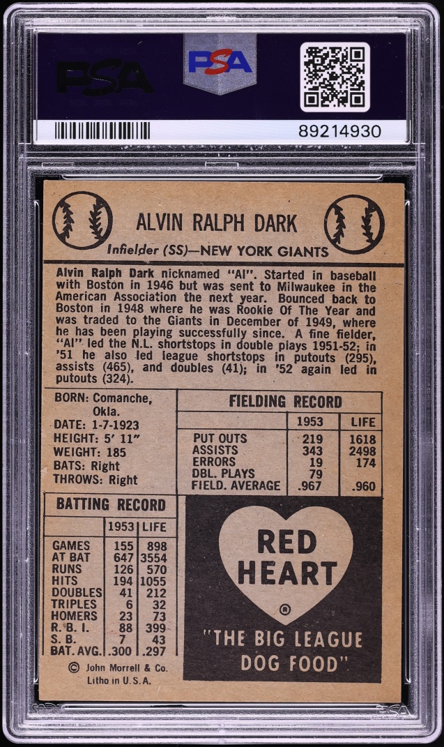 1954 Red Heart Alvin Dark PSA 7 NRMT